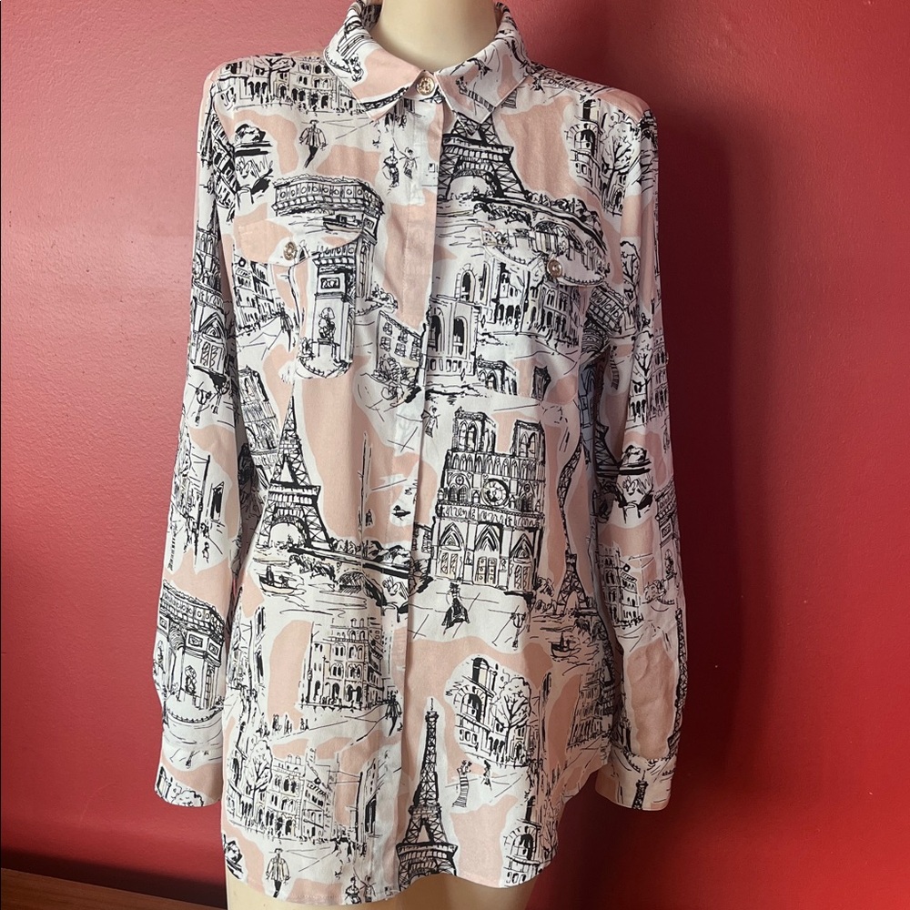 Like new Karl Lagerfeld Black and Pink Paris scene button down